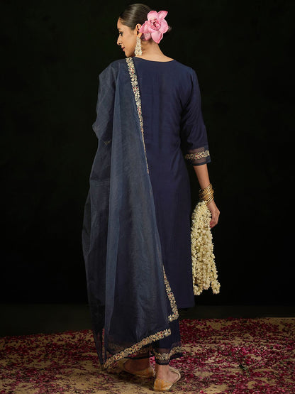 Indyancart IE Floral Embroidered Empire Liva Kurta with Trousers & Dupatta