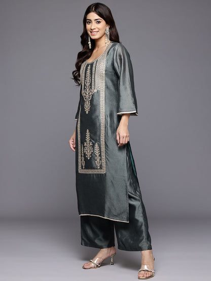 Indyancart VA Ethnic Motifs Embroidered Zari Kurta With Palazzos & Dupatta