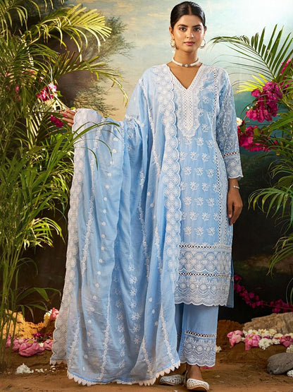 Women Ethnic Motifs Embroidered Chikankari Kurta with Trousers & Dupatta