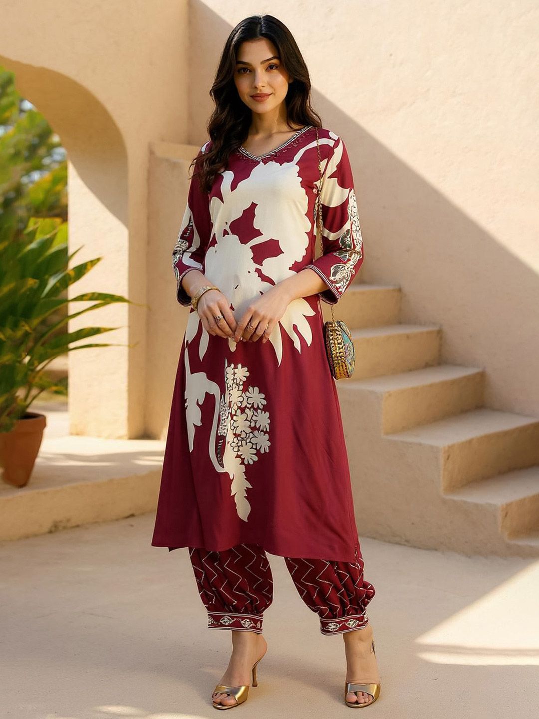 Red Floral Printed Sequinned V-Neck Straight Kurta With Salwar