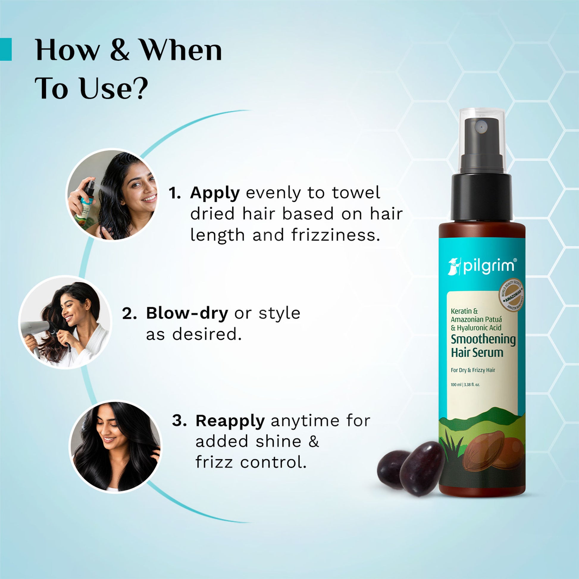 Pilgrim Patua & Hyaluronic Acid Smoothing Hair Serum for Dry & Frizzy Hair