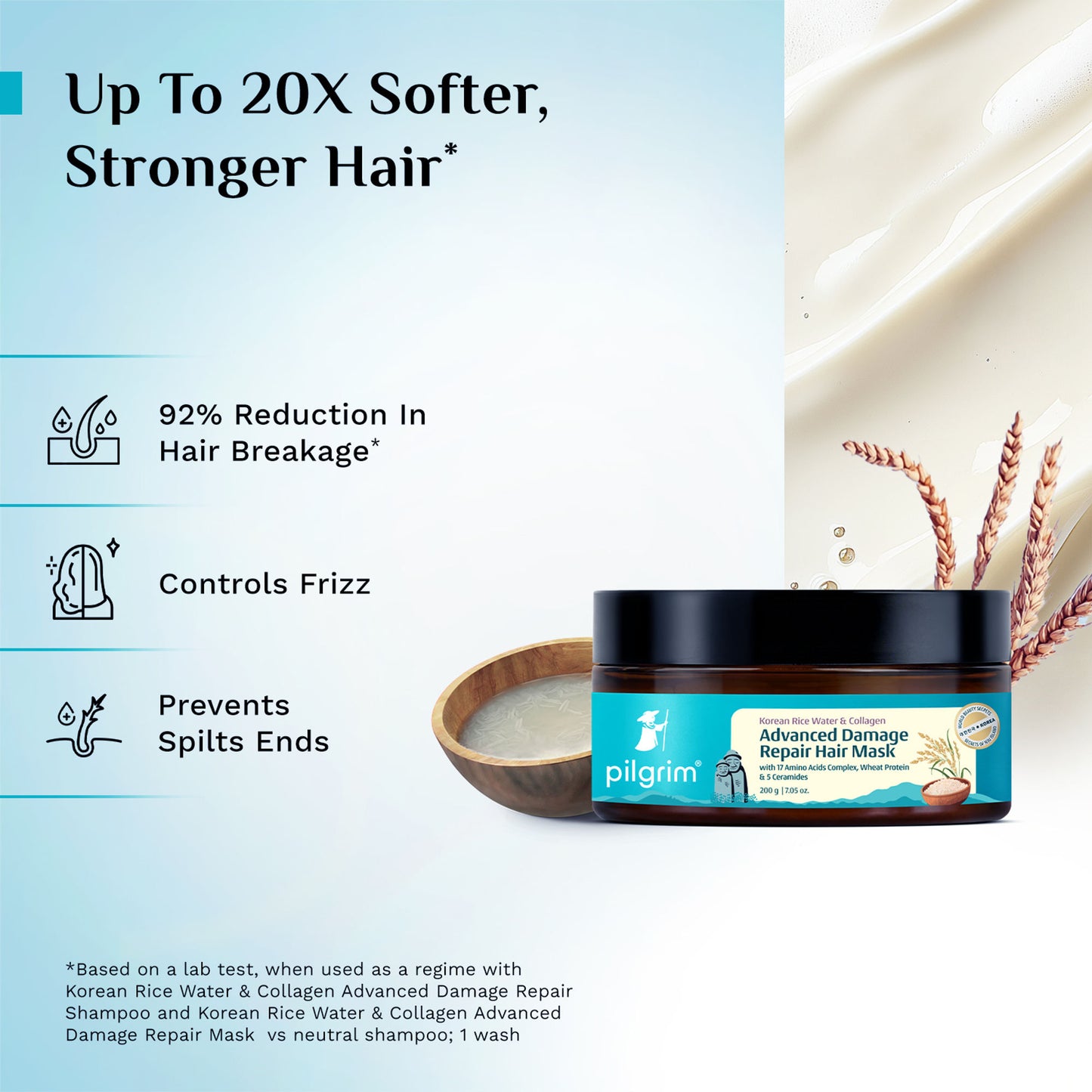 Pilgrim Korean Rice Water & Collagen Damage Repair Hair Mask Dry & Frizzy Hair Up to 20X Softer Hair
