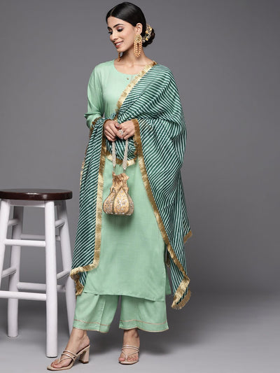Indyancart VA Women's Green Solid Gotta Patti Detail Empire Kurta with Palazzos & With Dupatta