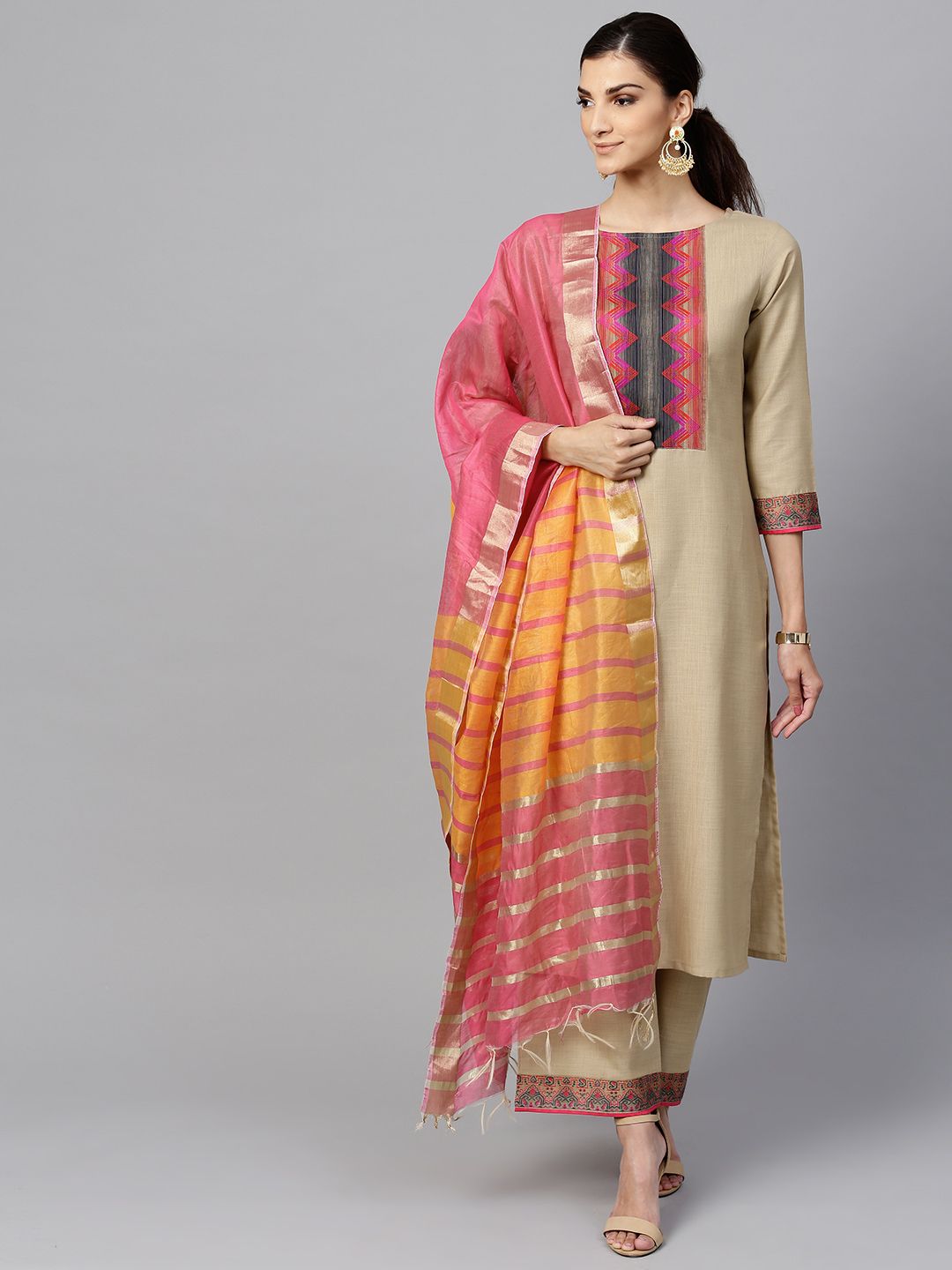Dhiyona IE Muted Hazelnut Geometric Yoke Kurta Set