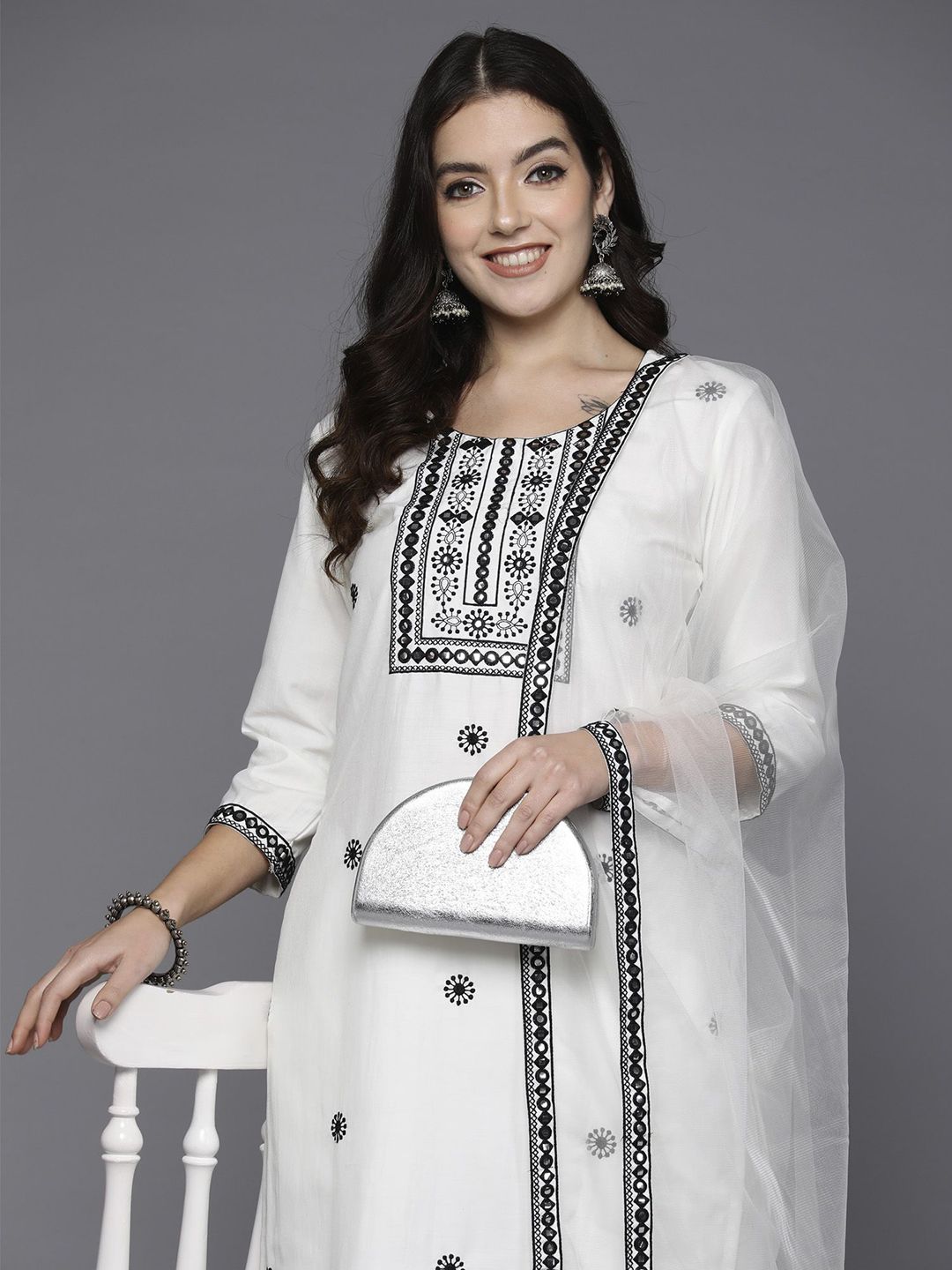 Dhiyona IE Ethnic Motifs Embroidered Regular Mirror Work Kurta with Trousers & Dupatta