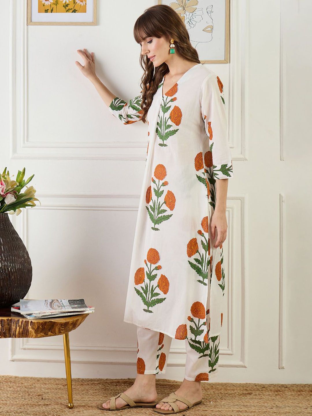 Floral Printed A-Line Pure Cotton Kurta With Trouser