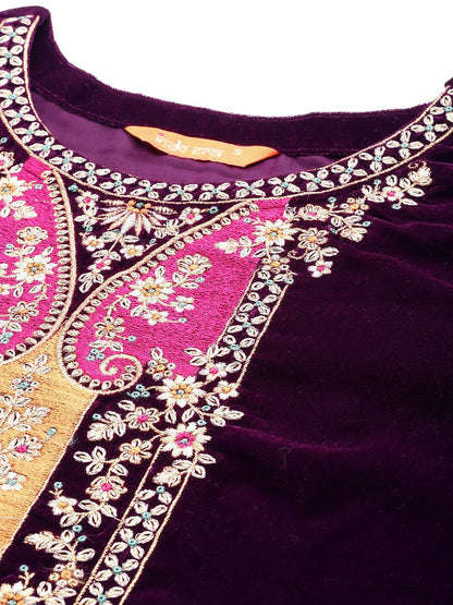 Indyancart IE Women Floral Embroidered Regular Thread Work Velvet Kurta with Trousers & Dupatta