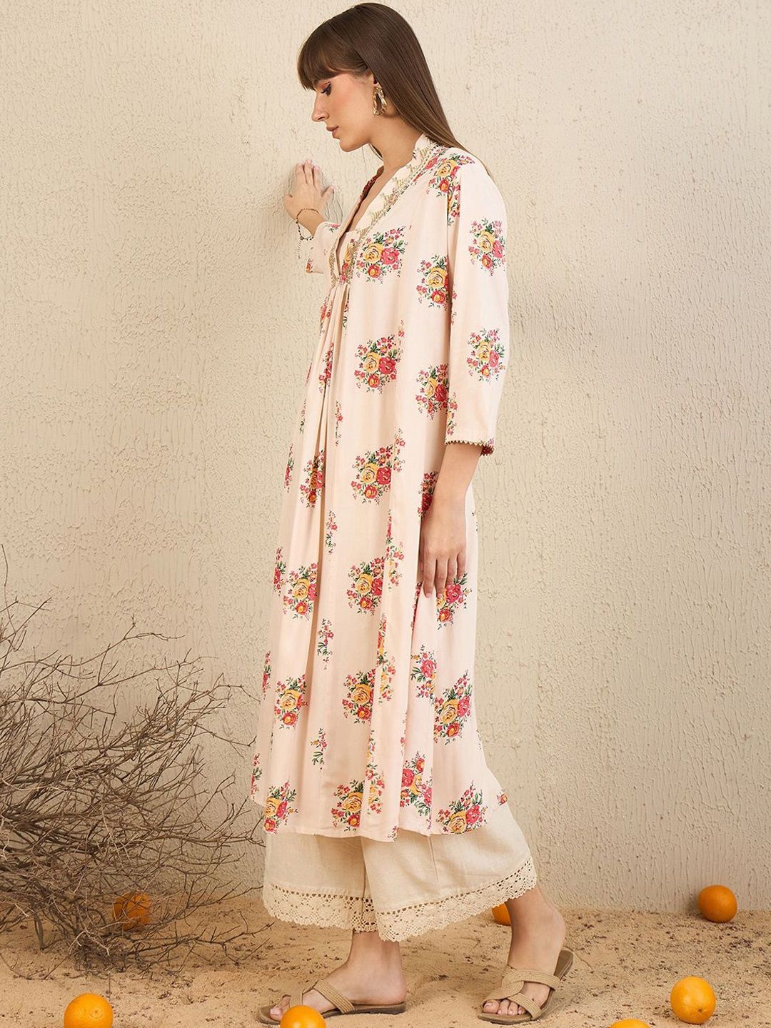 Indyancart IE Pack Of 2 Floral Embroidered V-Neck Zari Panelled A-Line Kurta