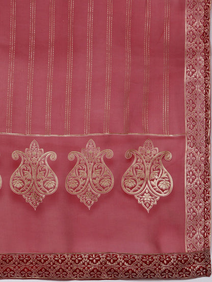 Indyancart IE Women Maroon & Golden Ethnic Motifs Printed Liva Kurta with Palazzos & Dupatta