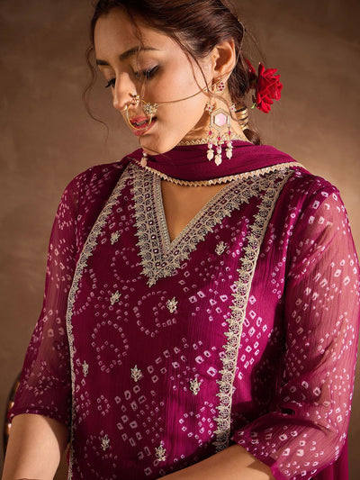Indyancart IE Bandhani Printed V-Neck Zari Silk Chiffon Straight Kurta With Trousers & Dupatta