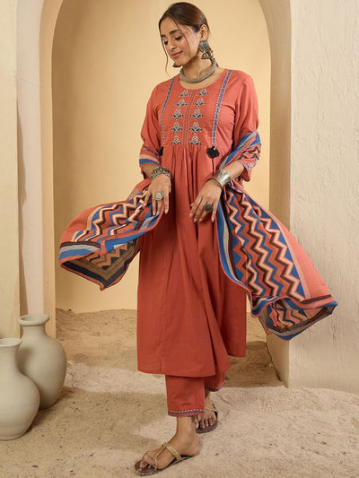 Indyancart IE Women Floral Embroidered Regular Pure Cotton Kurta with Trousers & Dupatta