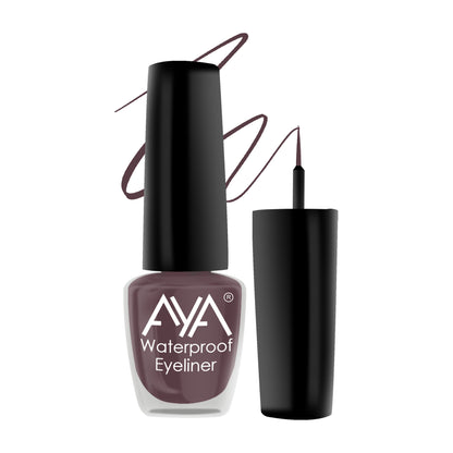 AYA 24-hour waterproof matte brown eyeliner pencil with a sleek design and smooth application visible in the image.