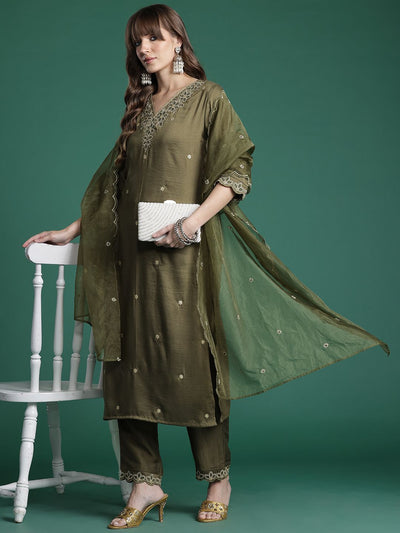 Indyancart IE Ethnic Motifs Embroidered Kurta with Trousers & Dupatta