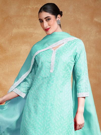 Indyancart VA Women's Floral Embroidered Regular Thread Work Kurta with Trousers & Dupatta
