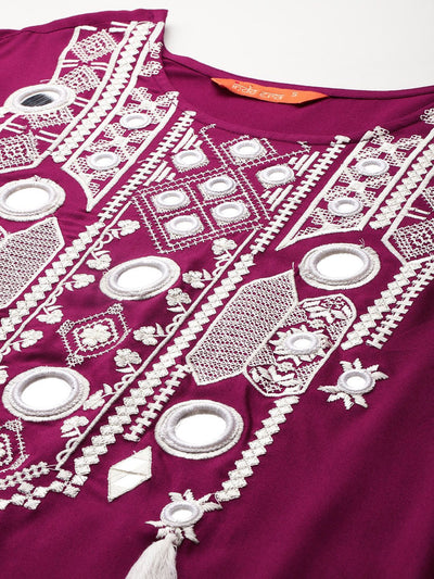 Dhiyona IE Embroidered Mirror Work Kurta With Trousers & Dupatta