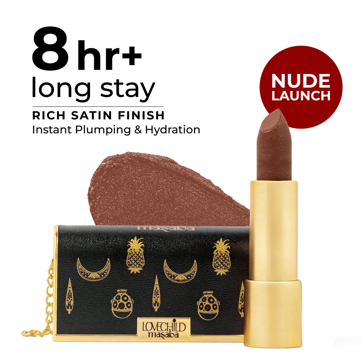 LoveChild Masaba Batua Satin Lipstick in Chai Khari with a sleek, elegant packaging and warm, earthy lipstick shade.