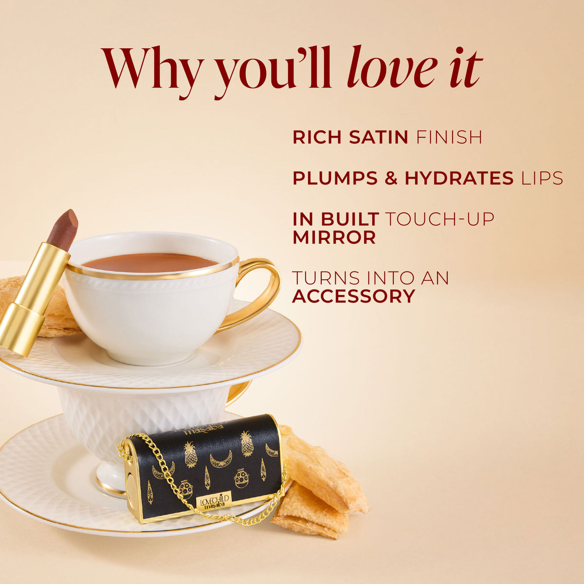 LoveChild Masaba Batua Satin Lipstick in Chai Khari, showcasing its smooth, satin finish and warm, earthy lipstick shade.