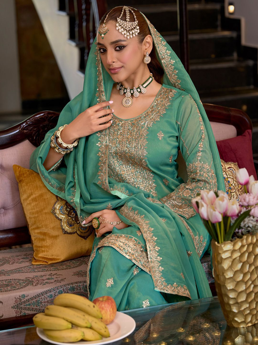 Indyancart IE Ethnic Motifs Embroidered Sequinned Straight Kurta Palazzos With Dupatta