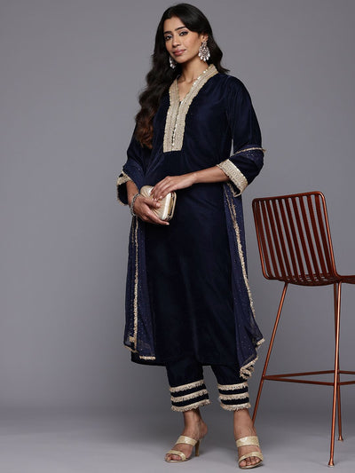 Indyancart VA Women'sZari & Sequin Embroidered Winter Velvet Kurta with Trousers & Dupatta