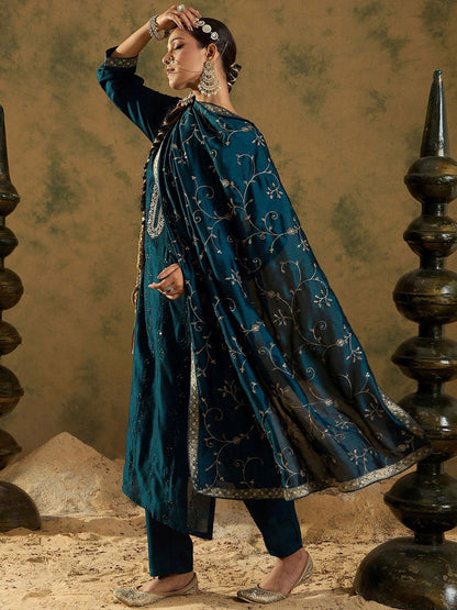Indyancart IE Floral Embroidered Sequinned Kurta with Trousers & Dupatta