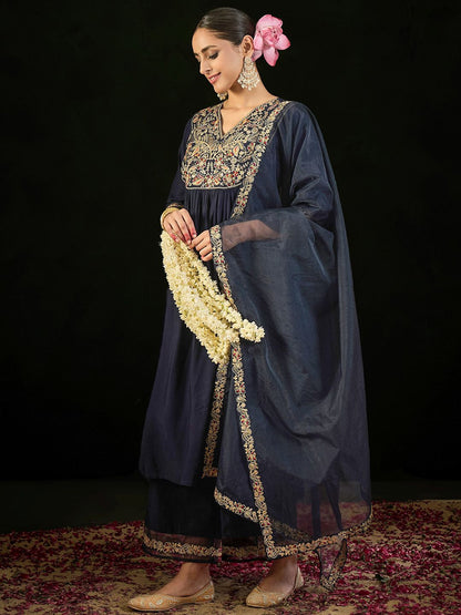 Indyancart IE Floral Embroidered Empire Liva Kurta with Trousers & Dupatta