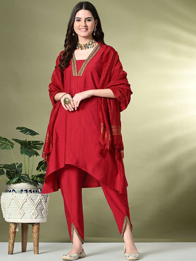 Indyancart SN Women's Square Neck Flared Sleeves High-Low A-Line Kurta With Dhoti Pant & Dupatta