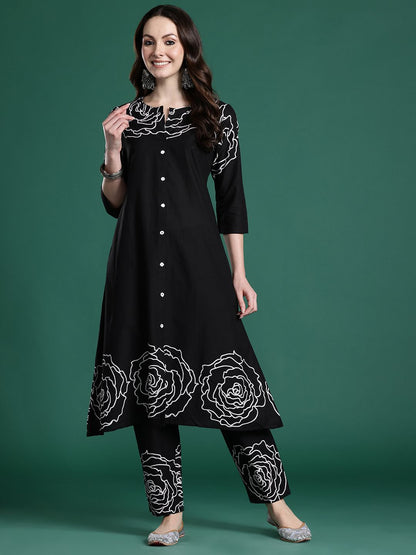 Floral Printed Mirror Work Pure Cotton Kurta with Trousers