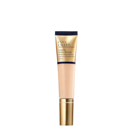 Estee Lauder Futurist Hydra Rescue Moisturizing Makeup SPF 45 in Desert Beige, showing the product bottle with pump dispenser.