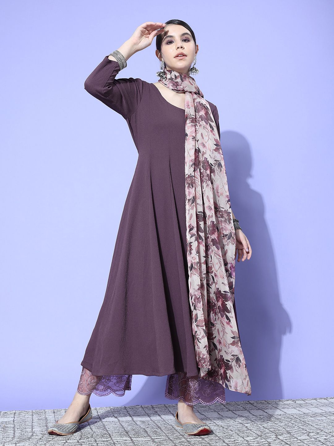 Indyancart VA Women's Panelled Silk Crepe Kurta with Trousers & With Dupatta