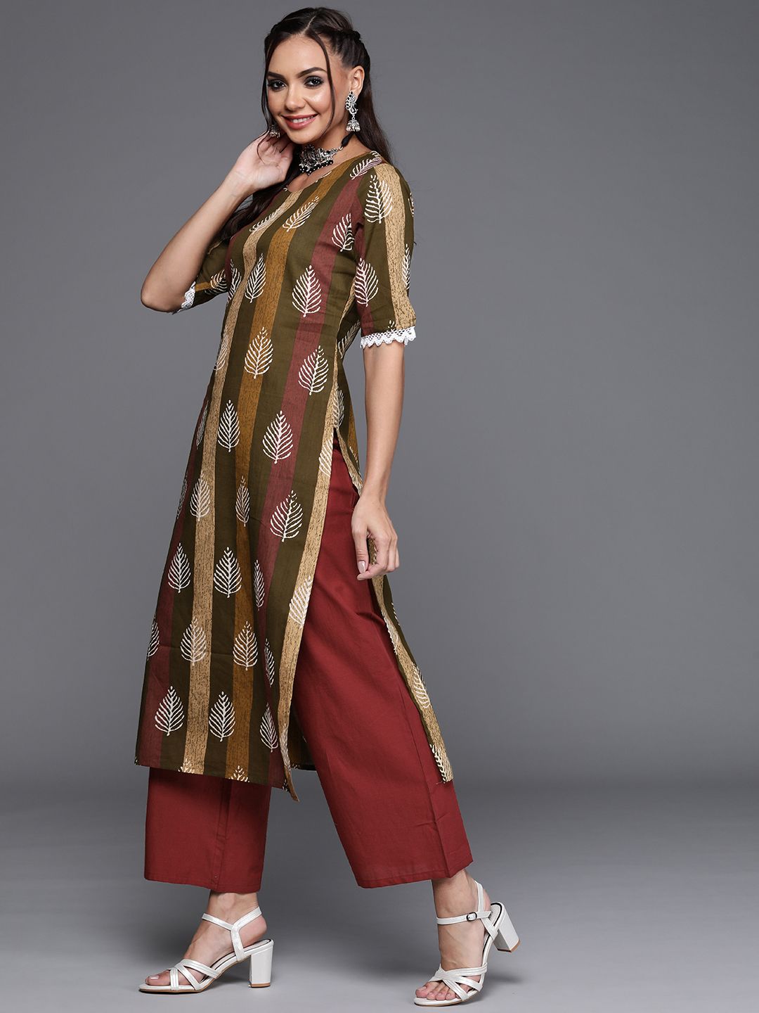 Dhiyona IE Women Olive Green & Maroon Ethnic Motifs Printed Kurta with Trousers & Dupatta