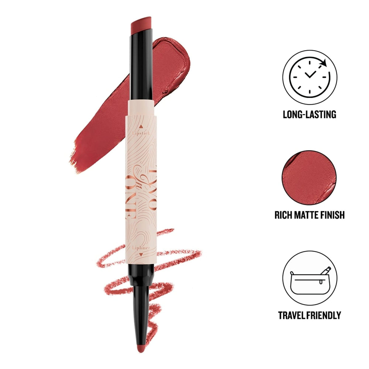 Character Two In One Lipstick and Lipliner in CTO208, featuring a sleek dual-ended makeup product with vibrant lipstick and lipliner.