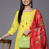 Dhiyona VA Women's Lime Green Yoke Design Thread Work Kurta with Trousers & Dupatta
