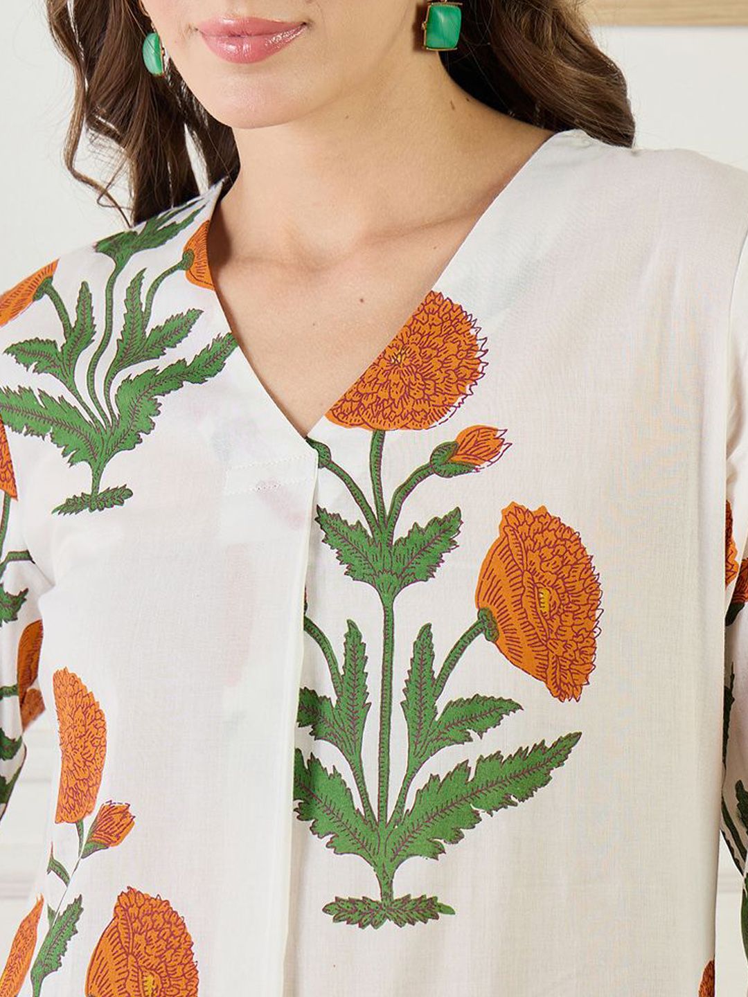 Dhiyona IE Printed Cotton V Neck Top With Trousers Co-Ords