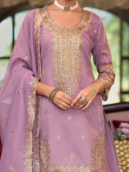 Indyancart IE Ethnic Motifs Embroidered Sequinned Straight Kurta Palazzos With Dupatta