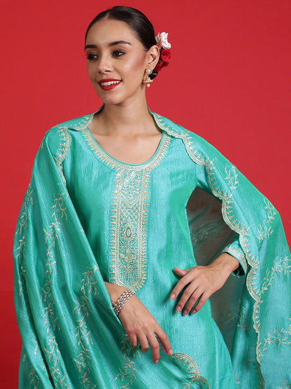 Indyancart IE Ethnic Motifs Yoke Design Regular Kurta with Trousers & With Dupatta