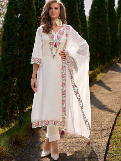 Women Floral Embroidered Regular Sequinned Pure Cotton Kurta & Trousers & Dupatta