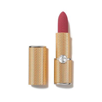 By Terry Rouge Opulent Lipstick in 3 Sweet Romance, showing the elegant lipstick tube and the rich, vibrant lipstick shade.