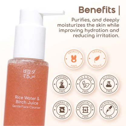 Beyond Rice Gentle Face Cleanser with Rice Water and Birch Juice in a clear pump bottle, showing the product and ingredients.