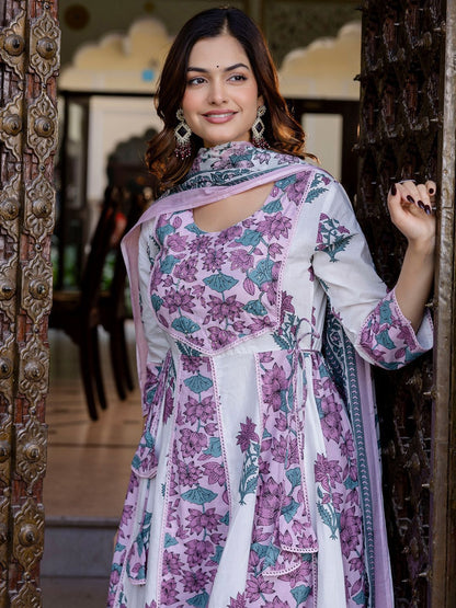 Dhiyona IE Floral Printed Empire Pure Cotton Anarkali Kurta With Trouser & Dupatta
