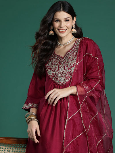 Indyancart IE Floral Embroidered Pleated Thread Work Liva Kurta With Trousers & Dupatta