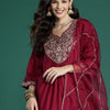 Dhiyona IE Floral Embroidered Pleated Thread Work Liva Kurta With Trousers & Dupatta