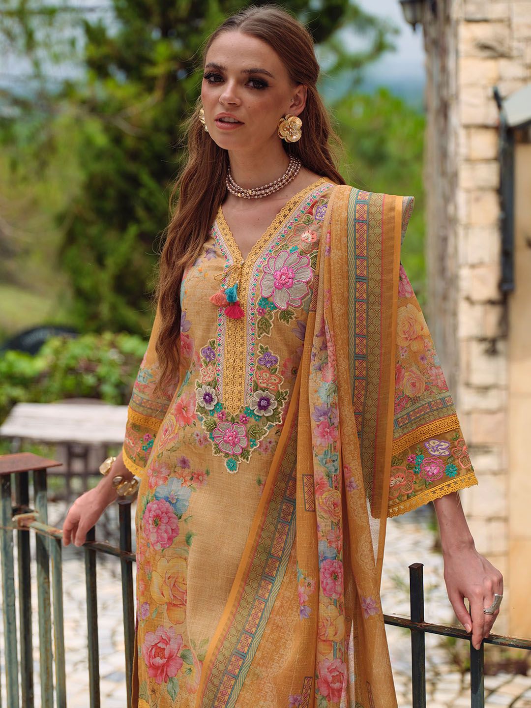 Women Floral Embroidered Beads and Stones Linen Kurta, Trousers With Dupatta