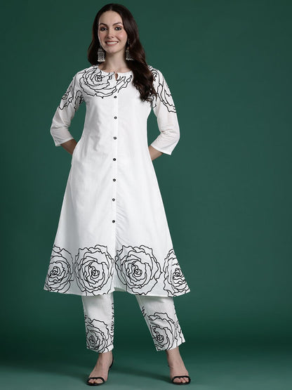 Floral Printed Mirror Work Pure Cotton Kurta with Trousers