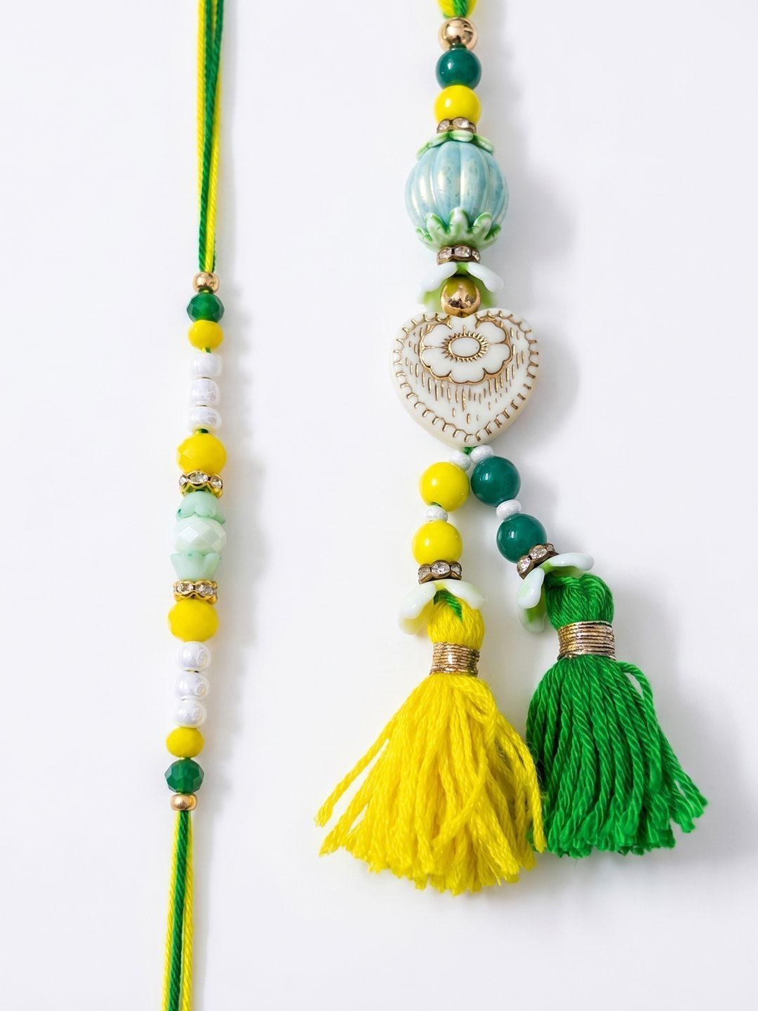 Anouk Set Of 2 Green & Yellow Beaded Heart Shape Bhaiya Bhabhi Rakhi With Roli Chawal