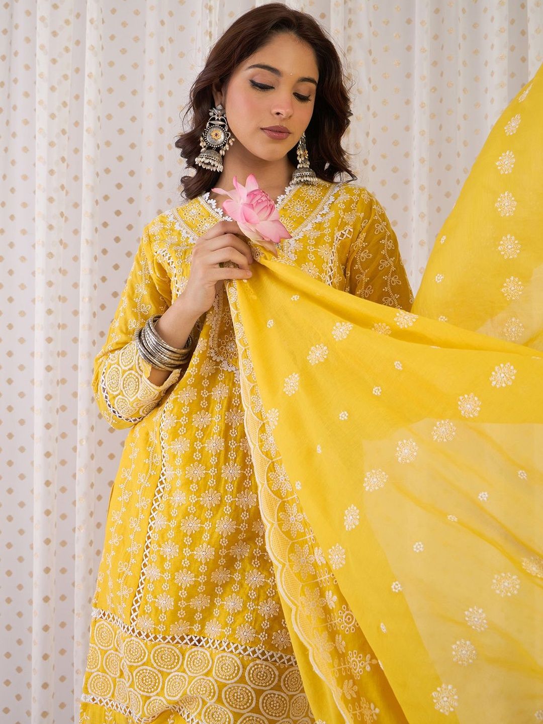 Women Ethnic Motifs Embroidered Cotton Kurta with Trousers & Dupatta