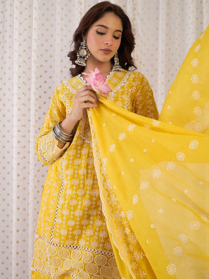 Women Ethnic Motifs Embroidered Cotton Kurta with Trousers & Dupatta