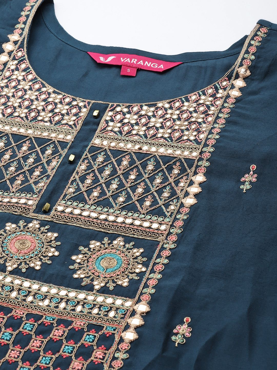 Indyancart VA Women's Teal Ethnic Motifs Embroidered Kurta with Trousers & With Dupatta