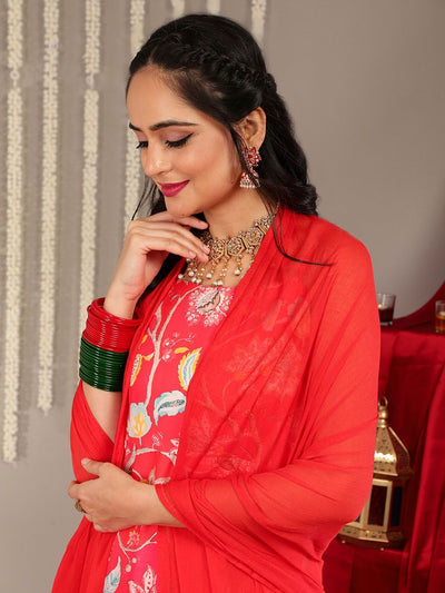 Indyancart VA Women'sFloral Printed Shoulder Straps Anarkali Kurta & Trousers With Dupatta