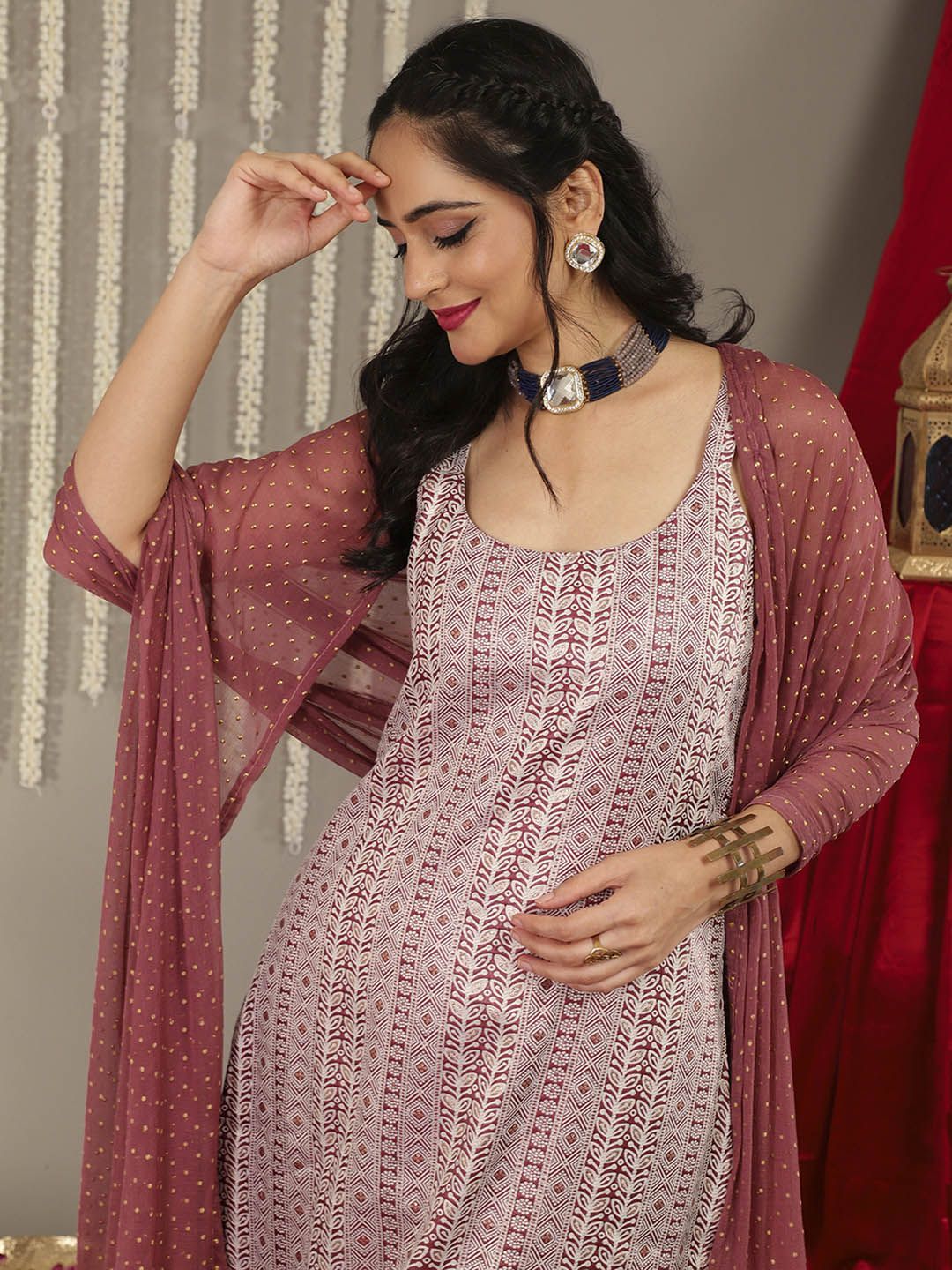Indyancart VA Women'sMauve Ethnic Motifs Woven Design Kurta with Trousers & Dupatta