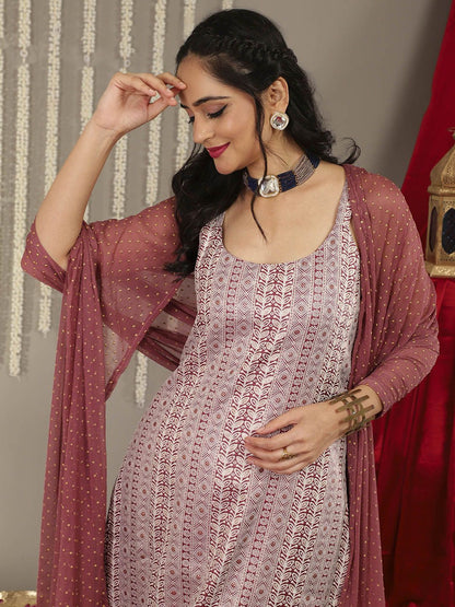 Indyancart VA Women'sMauve Ethnic Motifs Woven Design Kurta with Trousers & Dupatta